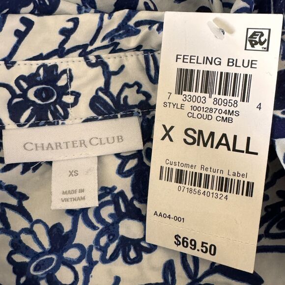 Charter Club X-Small Top Floral Long Sleeve Button-Up Ruffled Collar Blue White - Picture 7 of 9